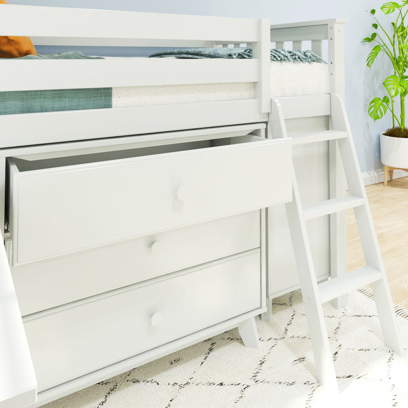 White wooden loft bunk bed with built-in storage drawers and ladder in modern kids' bedroom with teal bedding, patterned rug and potted plant