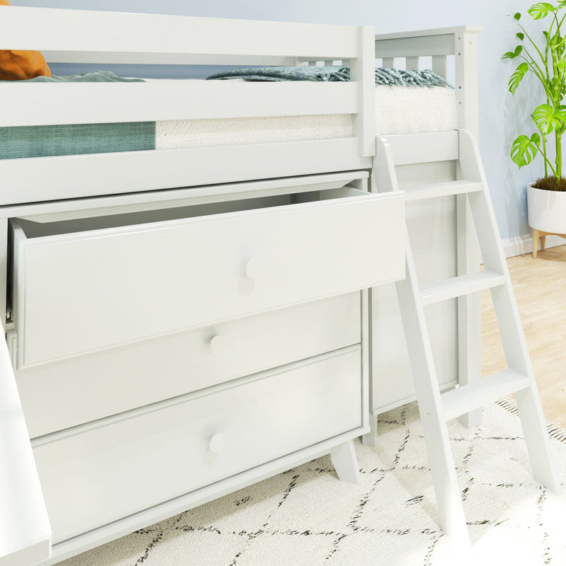 White wooden loft bunk bed with built-in storage drawers and ladder in modern kids' bedroom with teal bedding, patterned rug and potted plant
