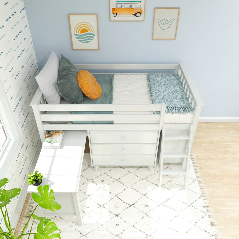 White kids loft bed with built-in dresser and ladder, blue-green bedding and orange accent pillow, coastal nursery wall art and desk