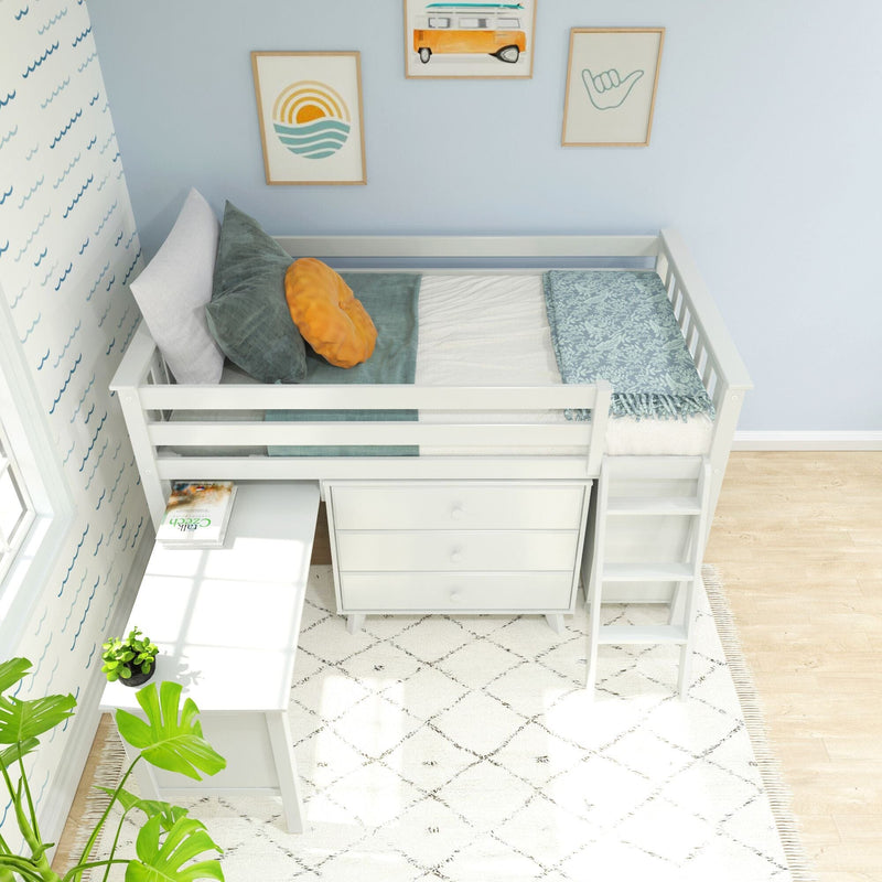 White loft bed with built-in desk, three-drawer dresser and ladder in bright coastal kids' bedroom with teal bedding, round orange pillow, framed wall art, patterned rug and potted plant