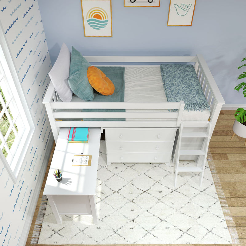 White loft bed with built-in desk and drawers in coastal-themed kids bedroom, teal bedding and orange pillow, ladder and ocean wall art