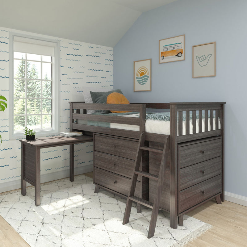 Kids loft bed with built-in desk and storage drawers in dark wood, coastal-style bedroom with blue walls and framed wall art