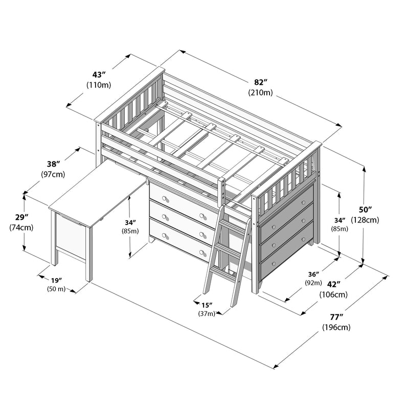 Isometric schematic of a loft bed with ladder, built-in desk and three-drawer dresser, black-and-white line drawing with annotated dimensions in inches and centimeters.