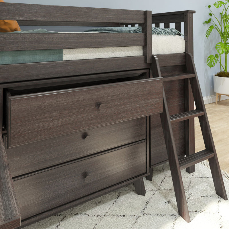 Dark brown wooden twin loft bed with built-in storage drawers and ladder, textured bedding and potted plant in modern kids' bedroom