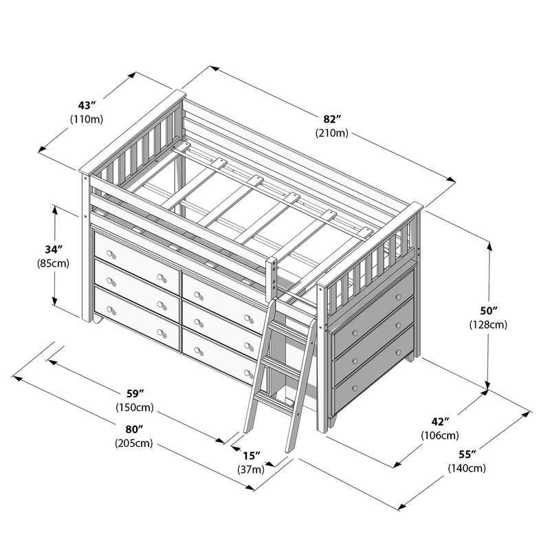 Assembly diagram of a wooden twin loft bed frame with built-in storage drawers, angled ladder and guardrails, detailed dimensions shown in inches and cm