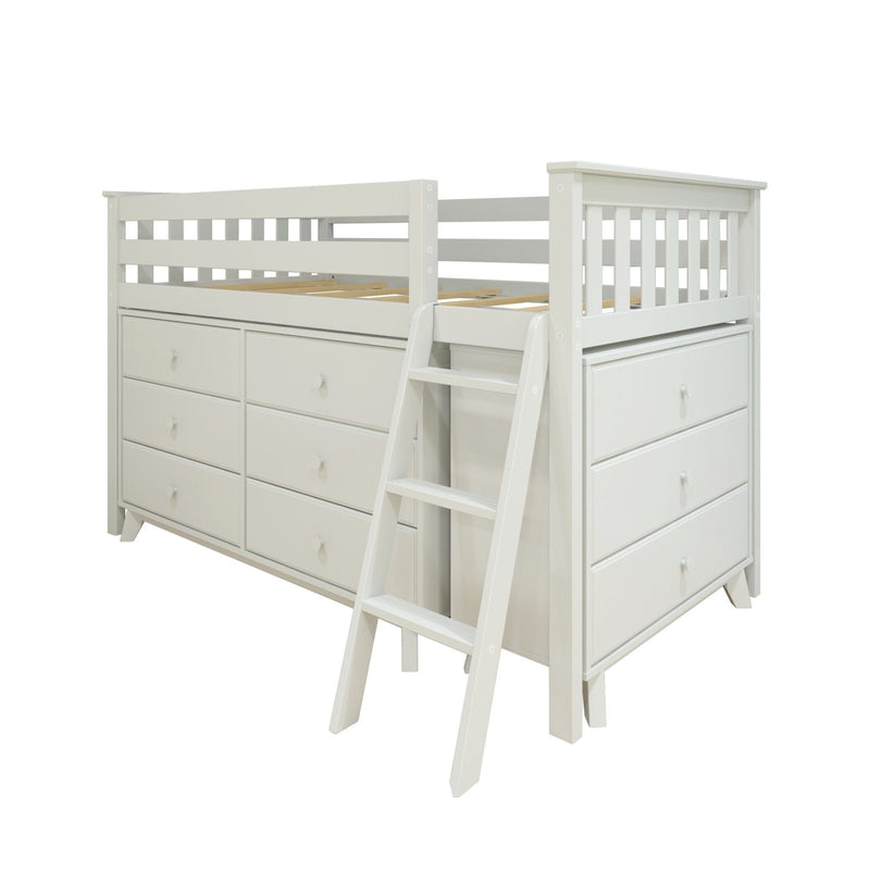 White wooden loft bed with built-in storage drawers and ladder, space-saving children's bed for small bedrooms