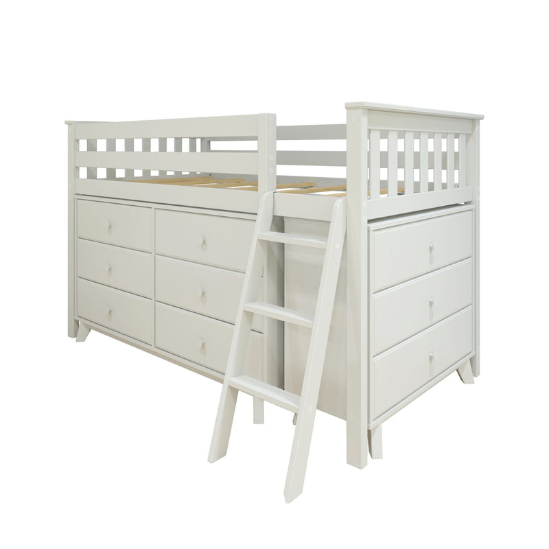 White wooden twin loft bed with built-in dresser drawers, slatted safety rails and ladder – space-saving kids storage loft bed