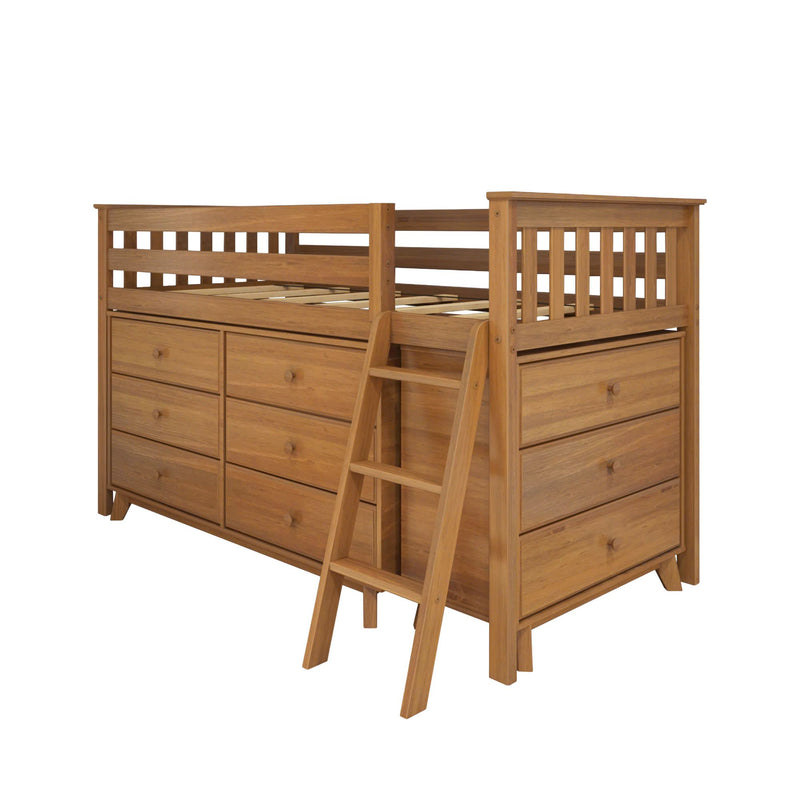 Wood loft bed with ladder and built-in drawers, natural wood finish, slatted guardrails and under-bed storage for kids' bedroom