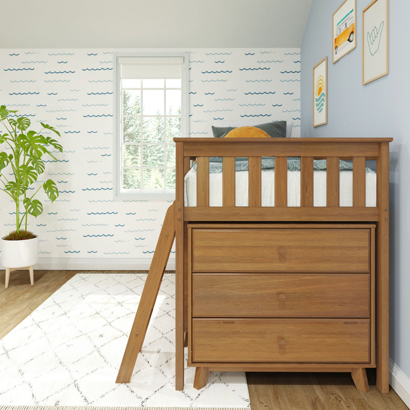 Nursery loft bed with built-in dresser and wooden frame in coastal-themed kids room with blue wave wallpaper, window, potted plant and framed art