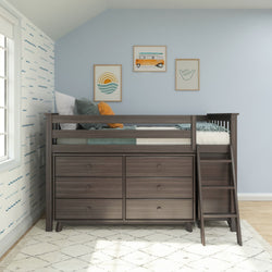 Wooden loft bed with storage drawers and ladder in a cozy, modern kids' bedroom.