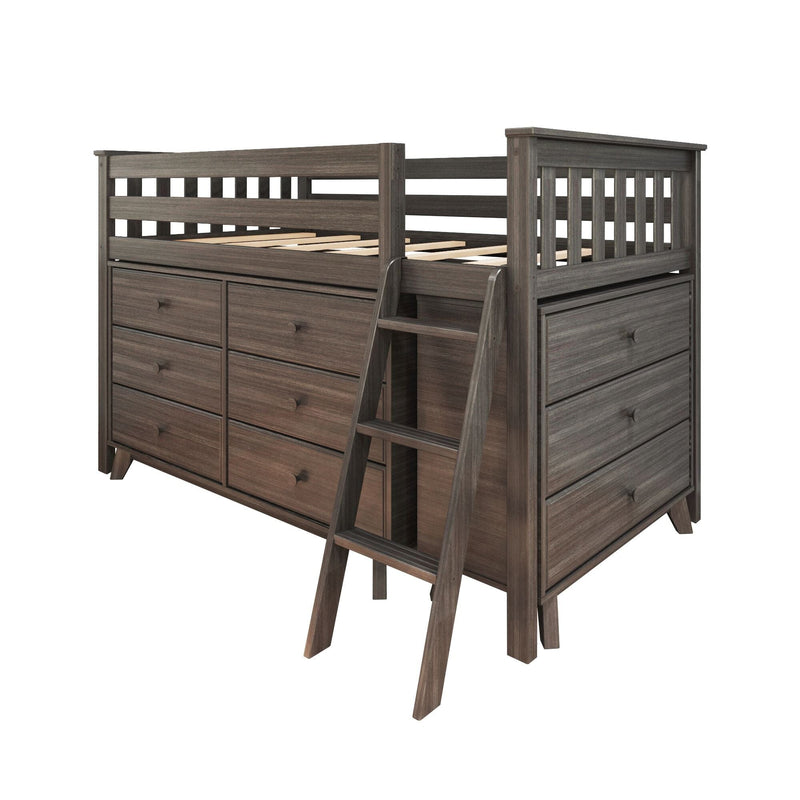 Gray wood loft bed with built-in drawers and ladder, space-saving storage platform for kids' bedroom