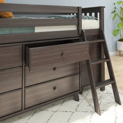 Wooden loft bed with integrated drawers and ladder in modern bedroom.