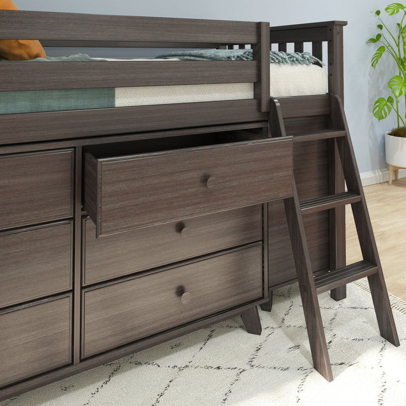 Dark gray wood loft bed with built-in drawers and angled ladder in a modern kids' bedroom, space-saving storage solution