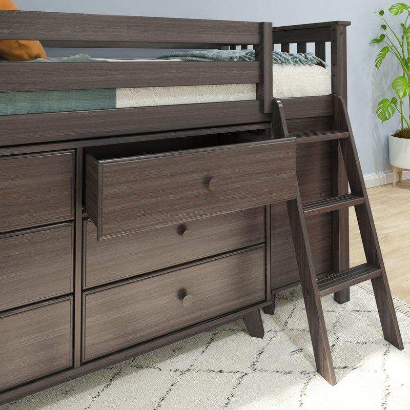 Dark wood loft bed with built-in drawers and ladder, space-saving storage solution for modern bedroom furniture