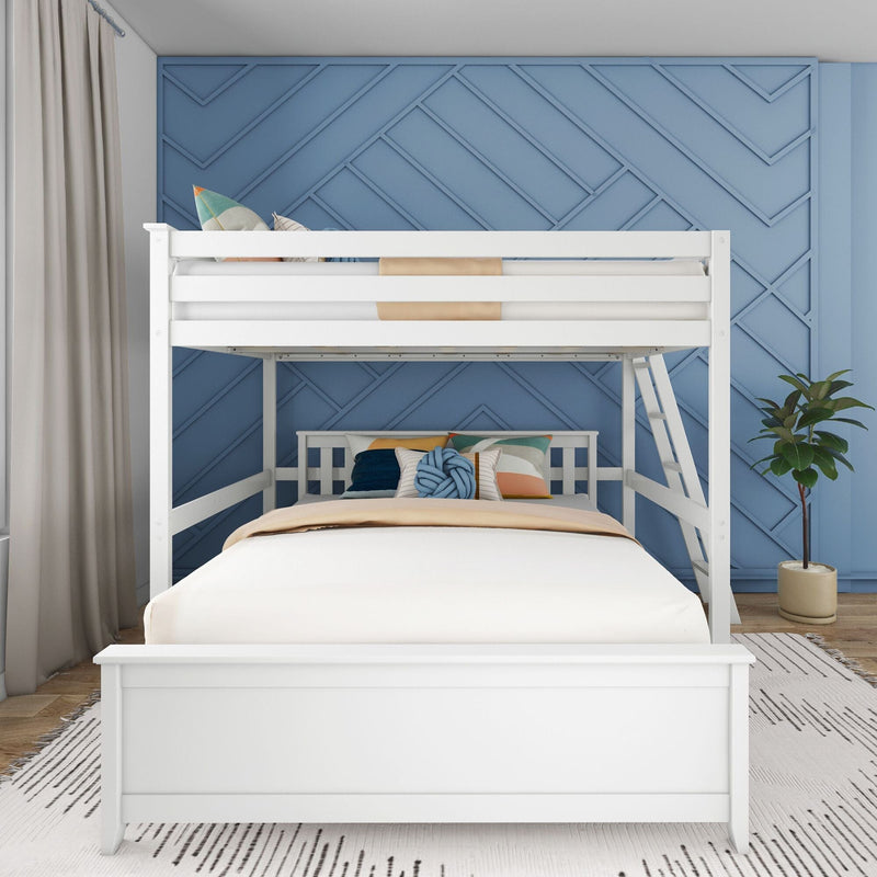 White wooden bunk bed with ladder and colorful pillows in a modern kids bedroom featuring a blue geometric accent wall and potted plant