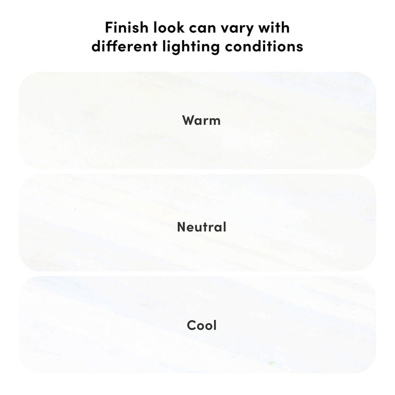 Product finish comparison: three rounded swatches labeled "Warm," "Neutral," and "Cool" demonstrating how finish appearance varies under different lighting conditions
