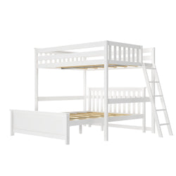 White wooden bunk bed frame with ladder for kids' bedroom.