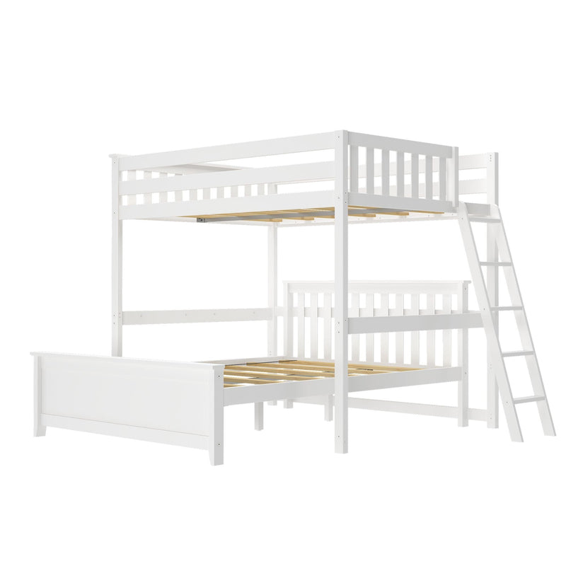 White wooden twin-over-full loft bunk bed with ladder, slatted guardrails and wooden slat platform — space-saving kids bedroom furniture