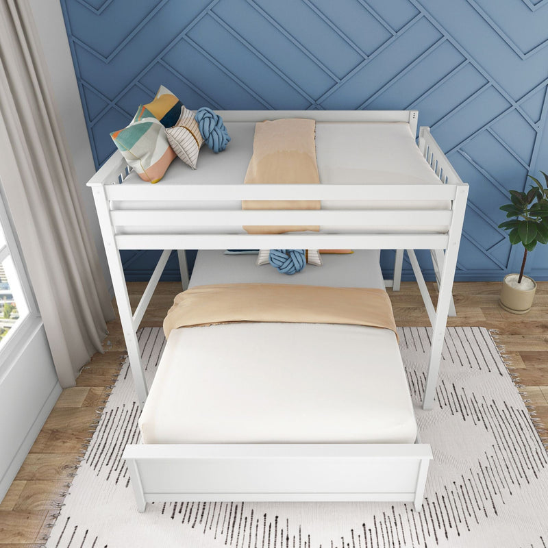 White wooden bunk bed with beige bedding and colorful decorative pillows against a blue geometric accent wall in a modern kids' bedroom with wood flooring, patterned rug and potted plant