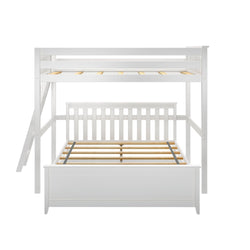 White wooden bunk bed frame with ladder, featuring twin over full design, ideal for kids' rooms and space-saving solutions.
