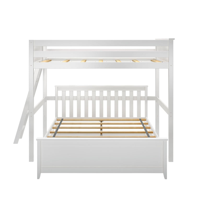 White wooden loft bunk bed frame with slatted mattress supports, ladder and guardrails on white background