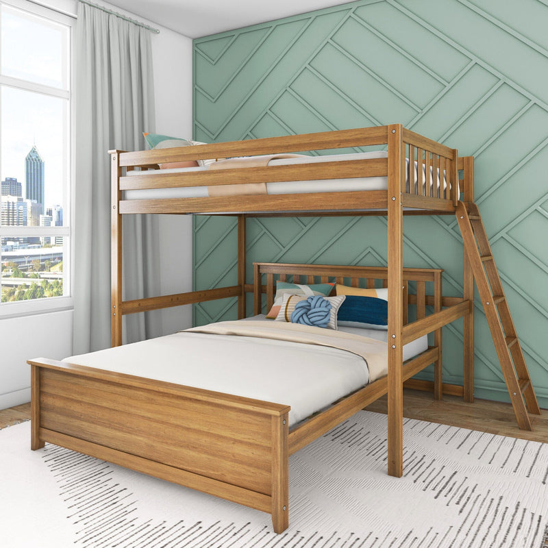 Natural wood twin-over-full bunk bed in a modern kids bedroom with a mint geometric accent wall, ladder, decorative pillows, white curtains and city skyline view through the window
