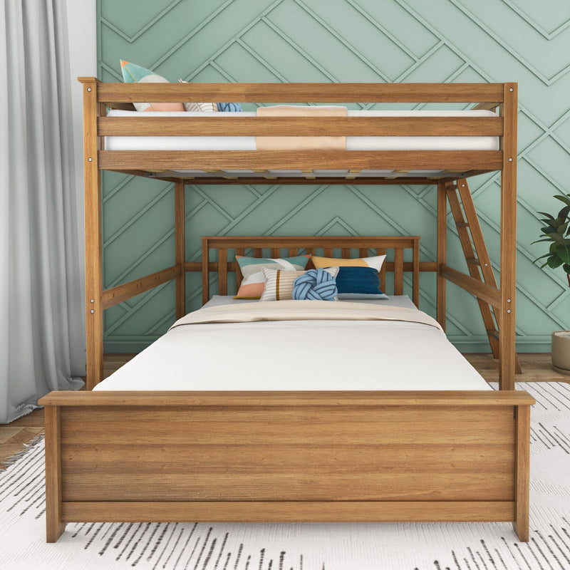 Solid wood loft bunk bed with ladder and colorful pillows against a mint-green geometric accent wall in a modern kids' bedroom