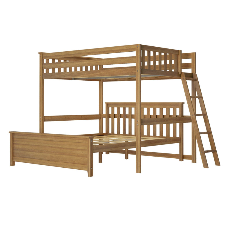 Solid wood loft bunk bed with ladder and protective guardrails in natural wood finish