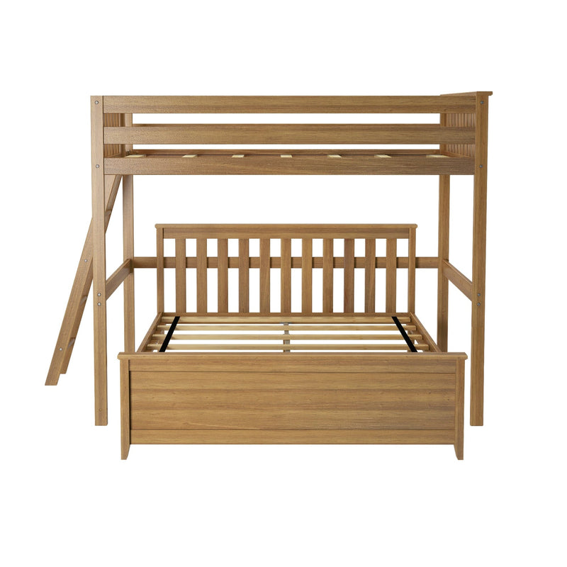 Solid wood bunk bed frame with ladder and slatted headboard and footboard in natural oak finish, front view showing mattress slats
