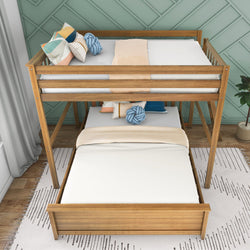 Modern wooden bunk bed with trundle and colorful pillows in a stylish bedroom setting.