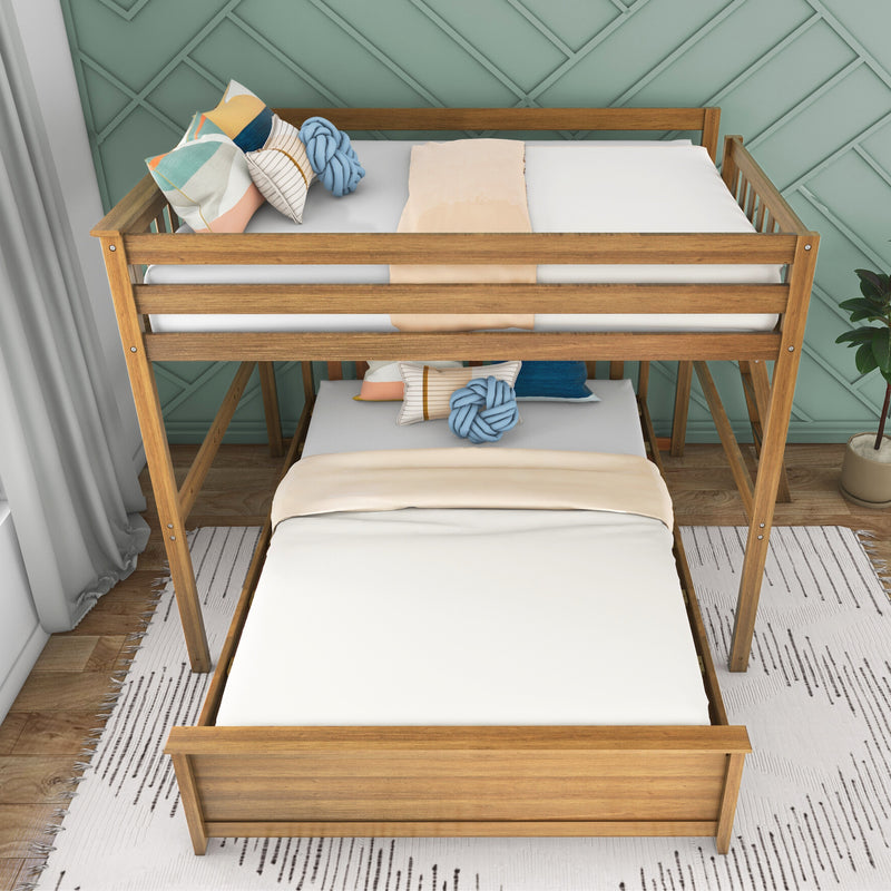 Natural wood bunk bed in a children's bedroom with mint green geometric accent wall, white bedding, colorful decorative pillows and a blue knot cushion