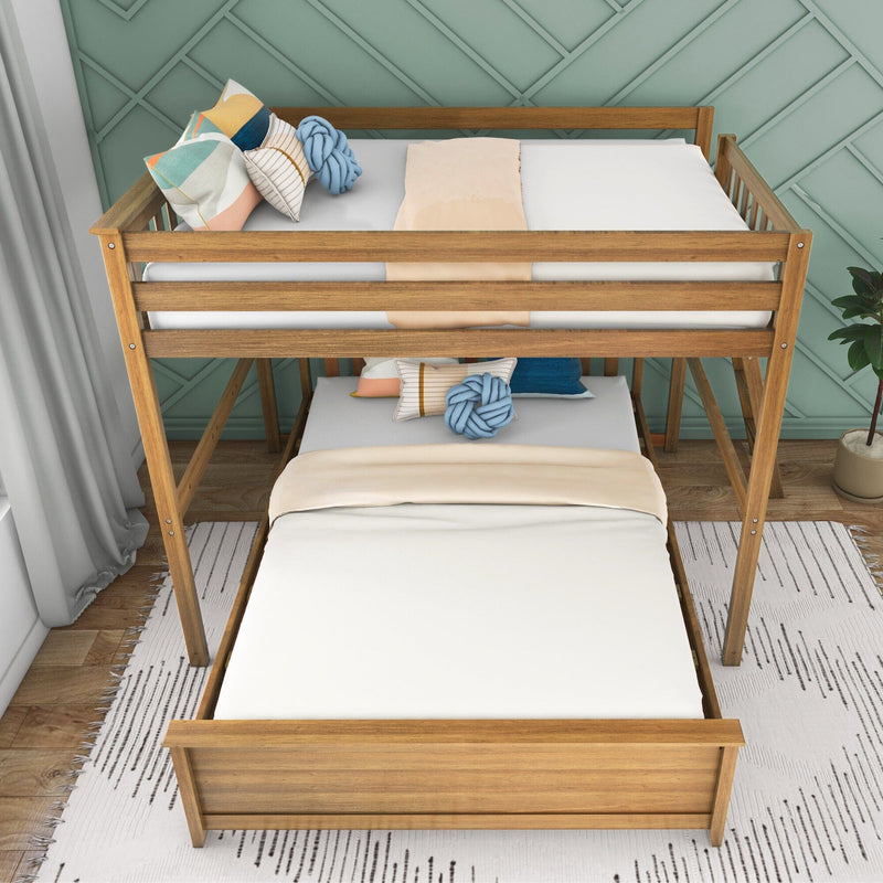 Natural wood bunk bed in a children's bedroom with mint green geometric accent wall, white bedding, colorful decorative pillows and a blue knot cushion