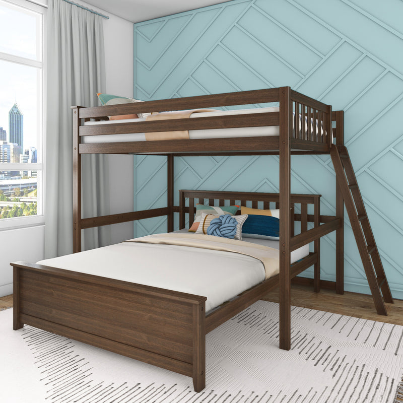 Dark wood twin-over-full bunk bed with ladder in a kids' bedroom, teal geometric accent wall, decorative pillows and city-view window