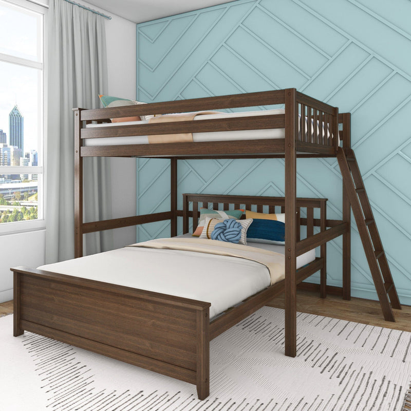 Dark wood twin-over-full bunk bed with ladder in a kids' bedroom, teal geometric accent wall, decorative pillows and city-view window