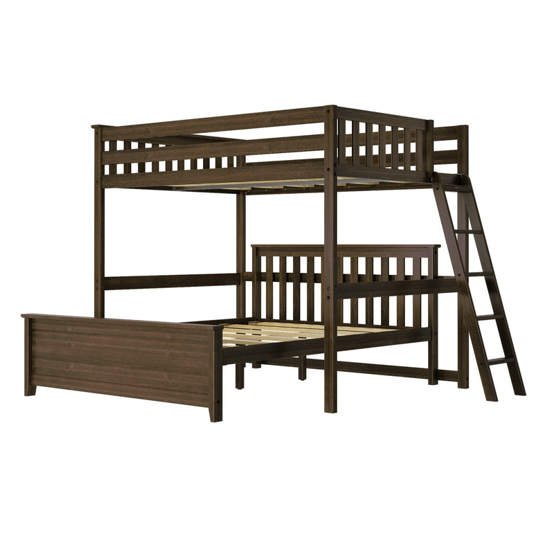 Dark brown wooden bunk bed with ladder and slatted guardrails, loft-style twin-over-full design for kids' bedrooms