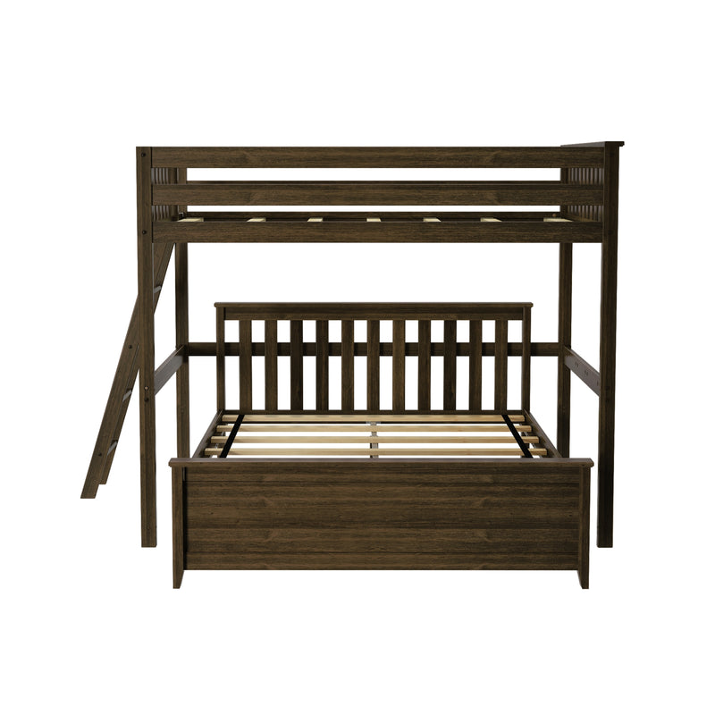 Dark brown wooden bunk bed with ladder, slatted headboard, full-size lower bed and twin upper bunk, rustic bedroom furniture