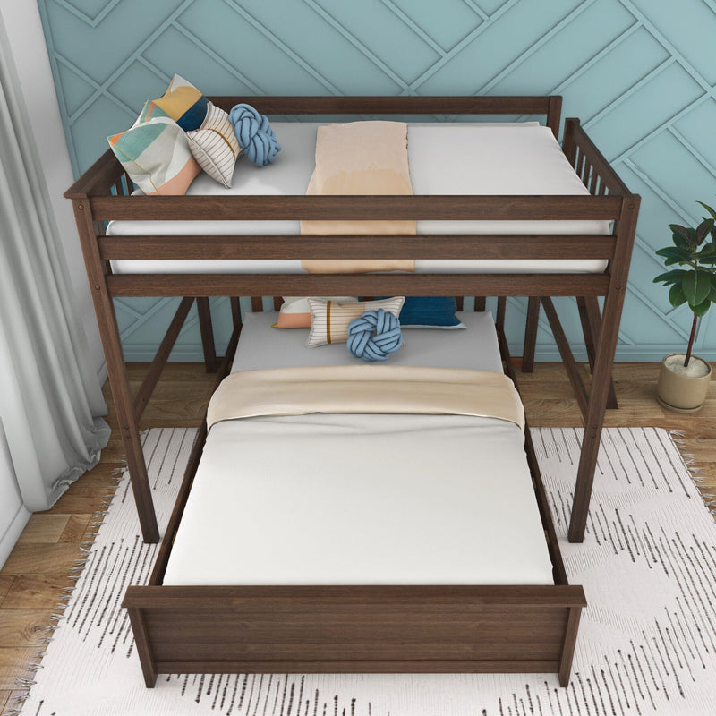 Modern wooden bunk bed with neutral bedding, colorful throw pillows and blue knot cushion against teal geometric accent wall