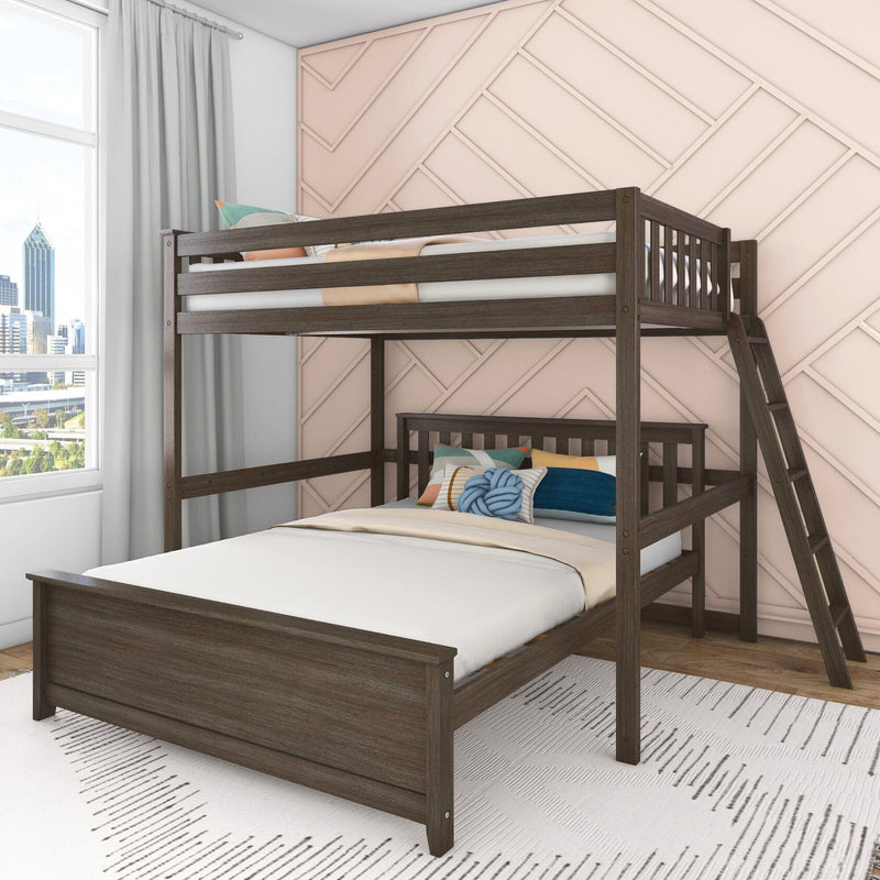 Dark wood twin-over-full bunk bed with ladder in a modern kids' bedroom featuring a pink geometric accent wall, colorful throw pillows, and a large window with city skyline view