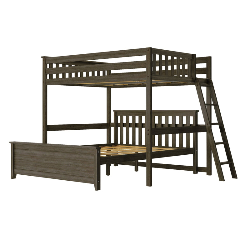 Dark brown wooden twin-over-full loft bunk bed with ladder and slatted guardrails, space-saving kids' bedroom furniture