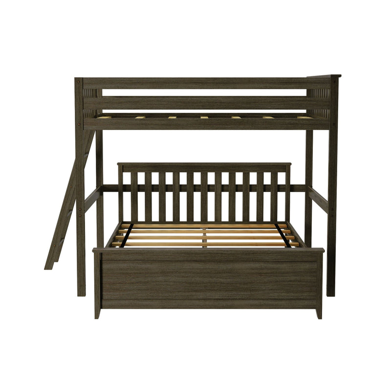 Dark brown wooden bunk bed frame with slatted headboard, safety guardrails, side ladder and wooden mattress slats on white background