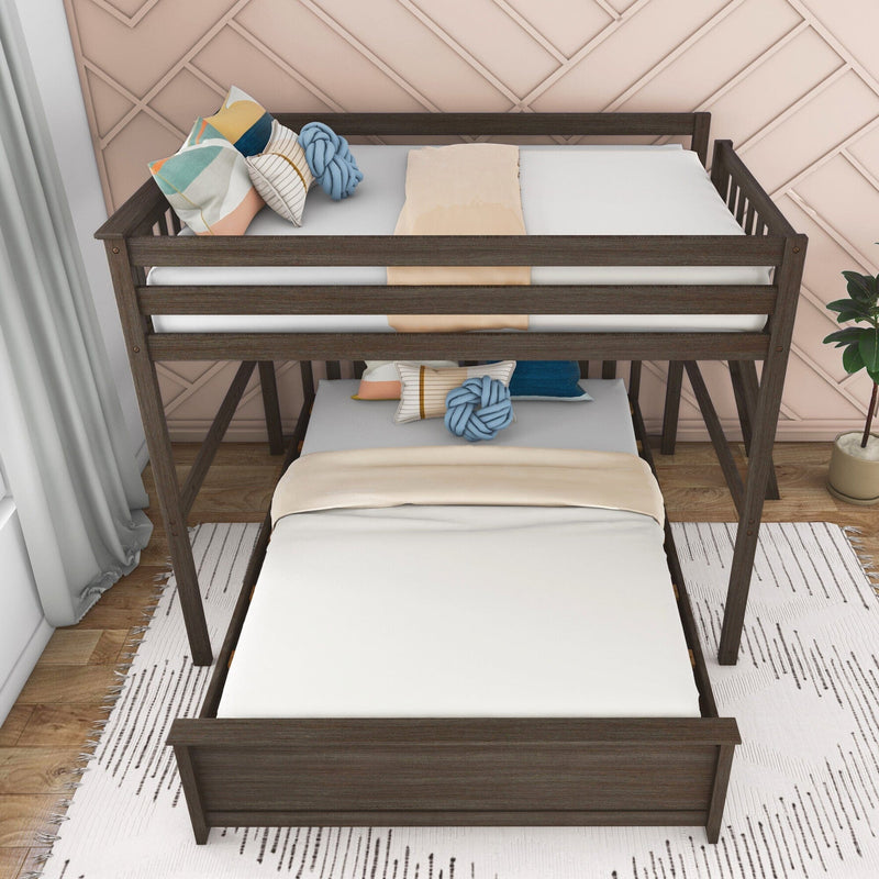 Modern dark wood twin loft bunk bed with neutral bedding, colorful decorative pillows and knotted cushion, beige runner, pink geometric accent wall and light curtains for kids bedroom decor