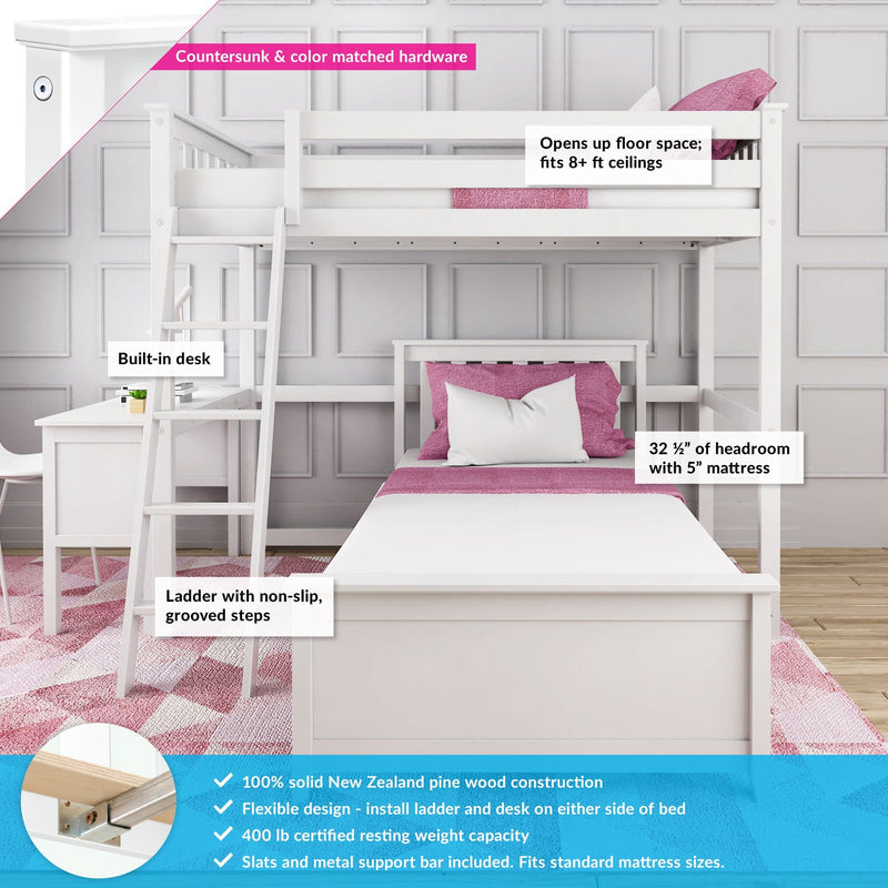 White solid pine loft bunk bed with built-in desk and ladder, pink bedding and pillow, non-slip grooved ladder steps, space-saving kids bedroom furniture