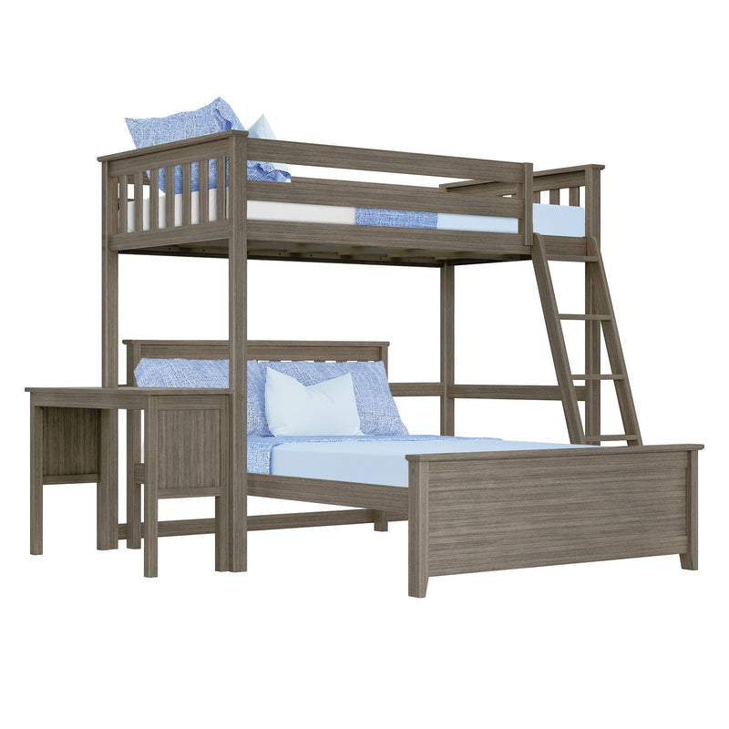 Twin-over-full bunk bed in gray wood with ladder, built-in desk and storage, blue bedding — space-saving kids bedroom furniture