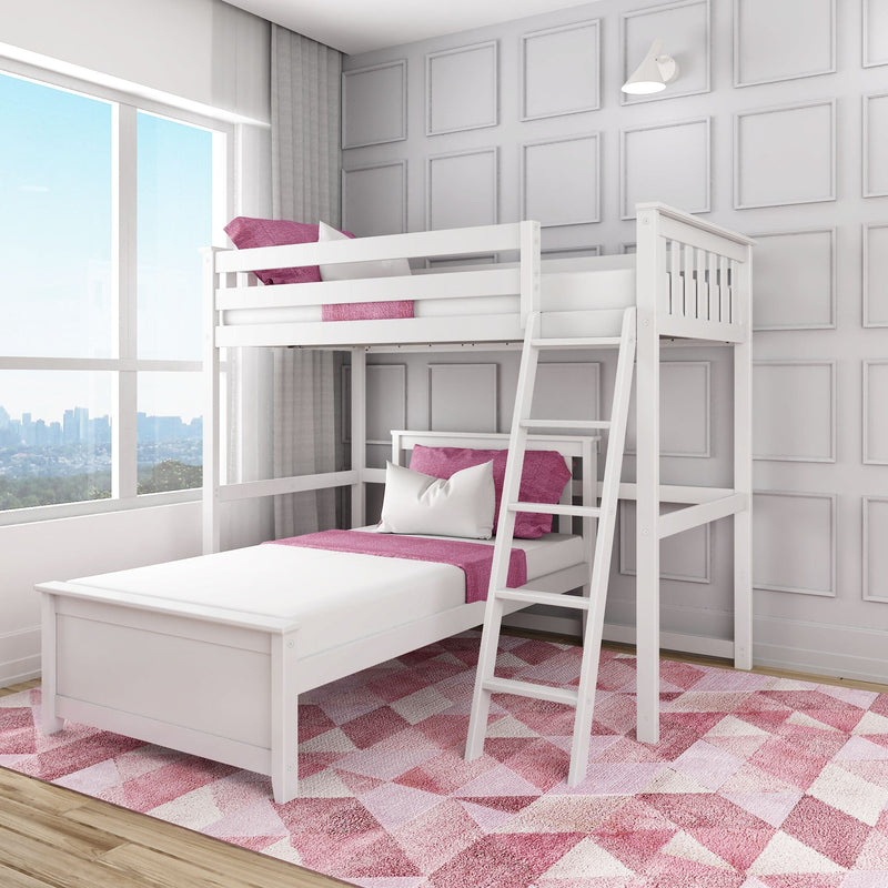 White wooden twin-over-full bunk bed with ladder in modern girls' bedroom, pink bedding and geometric pink rug, gray paneled wall and large window with city view