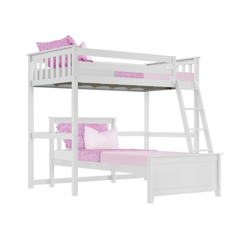 White wooden twin-over-twin loft bunk bed with ladder, slatted guardrails and pink bedding and pillows, kids' bedroom furniture