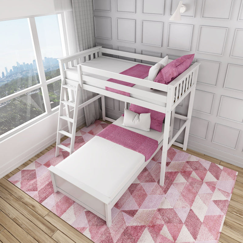 White wooden loft bunk bed with pink bedding and pillows over a single lower bed on a geometric pink area rug, hardwood floors, large window with city skyline, and white paneled accent wall in a modern children's bedroom