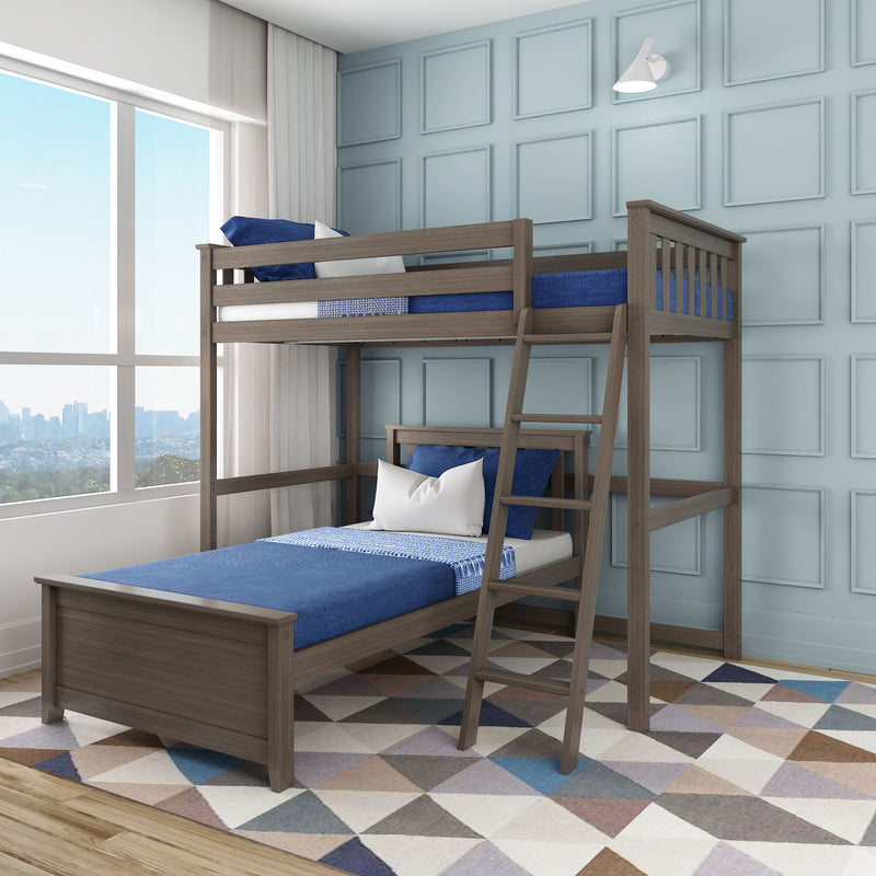 Modern wooden twin-over-twin bunk bed with blue bedding and ladder in a light-blue paneled kids' bedroom by a large window overlooking a city skyline