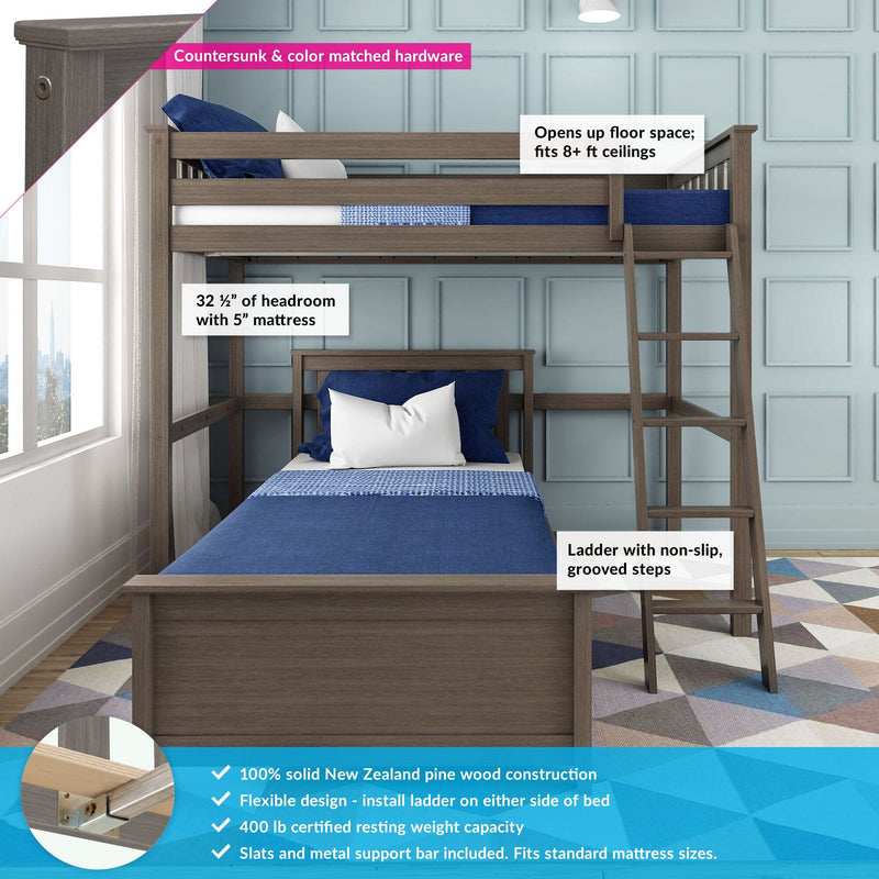 Solid New Zealand pine twin loft bed with ladder and non-slip grooved steps, space-saving design with 32.5 in headroom, fits 8+ ft ceilings, blue bedding