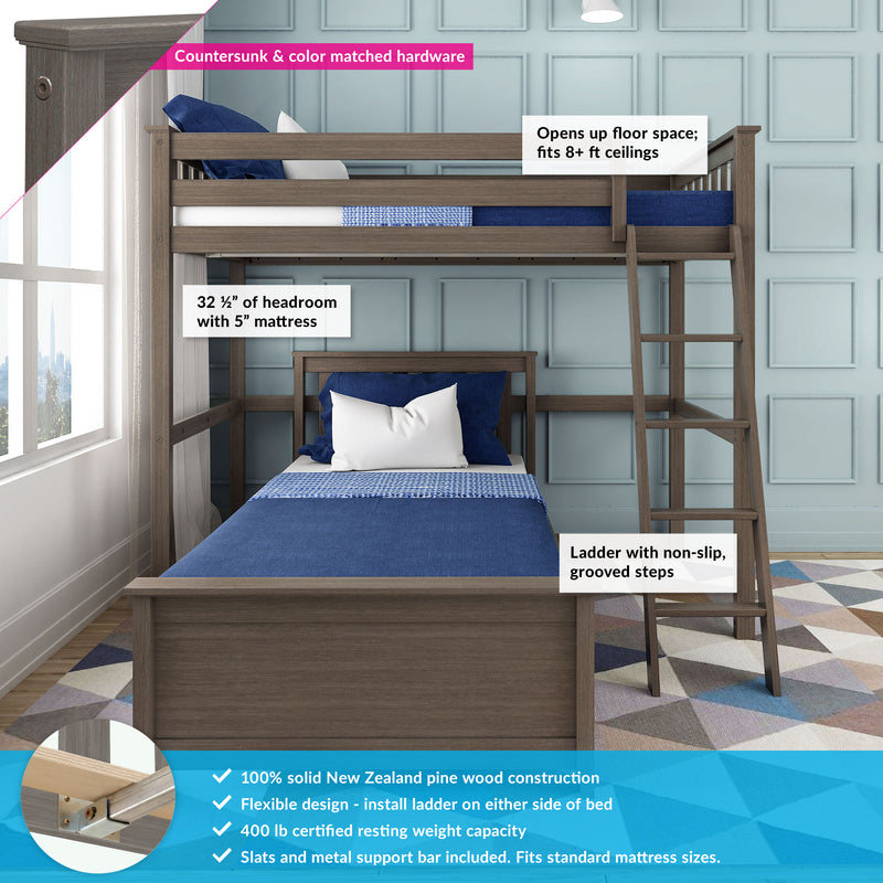 Solid gray wood loft bed with ladder - twin-size top bunk, 32½" headroom, space-saving design fits 8+ ft ceilings, blue bedding in modern kids room
