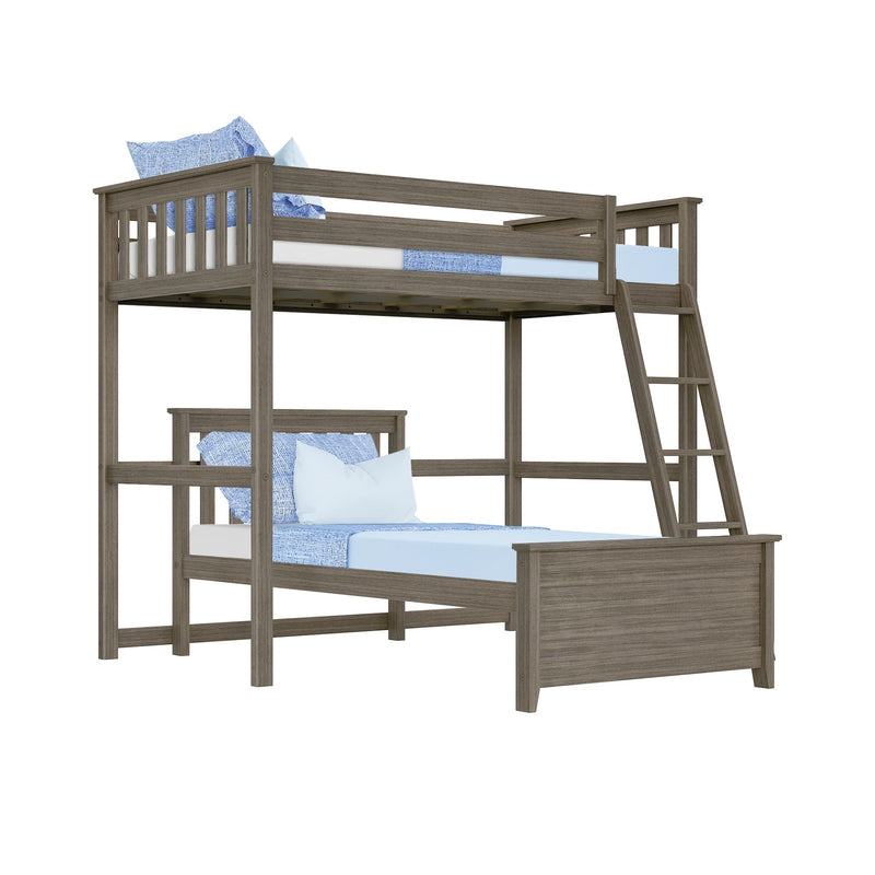 Gray oak twin-over-full wooden bunk bed with ladder and blue bedding, space-saving kids loft bed